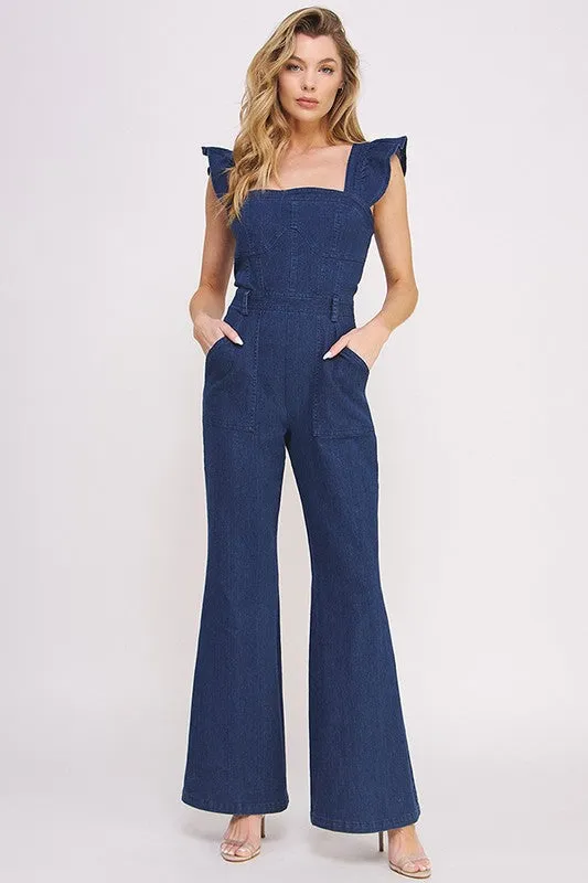 Lily Sweetheart Neck Ruffle Sleeve Denim Jumpsuit