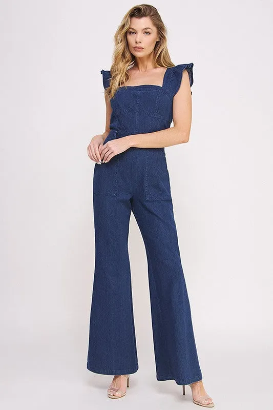 Lily Sweetheart Neck Ruffle Sleeve Denim Jumpsuit