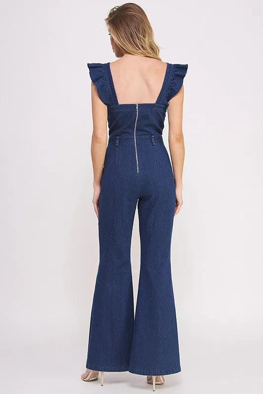 Lily Sweetheart Neck Ruffle Sleeve Denim Jumpsuit