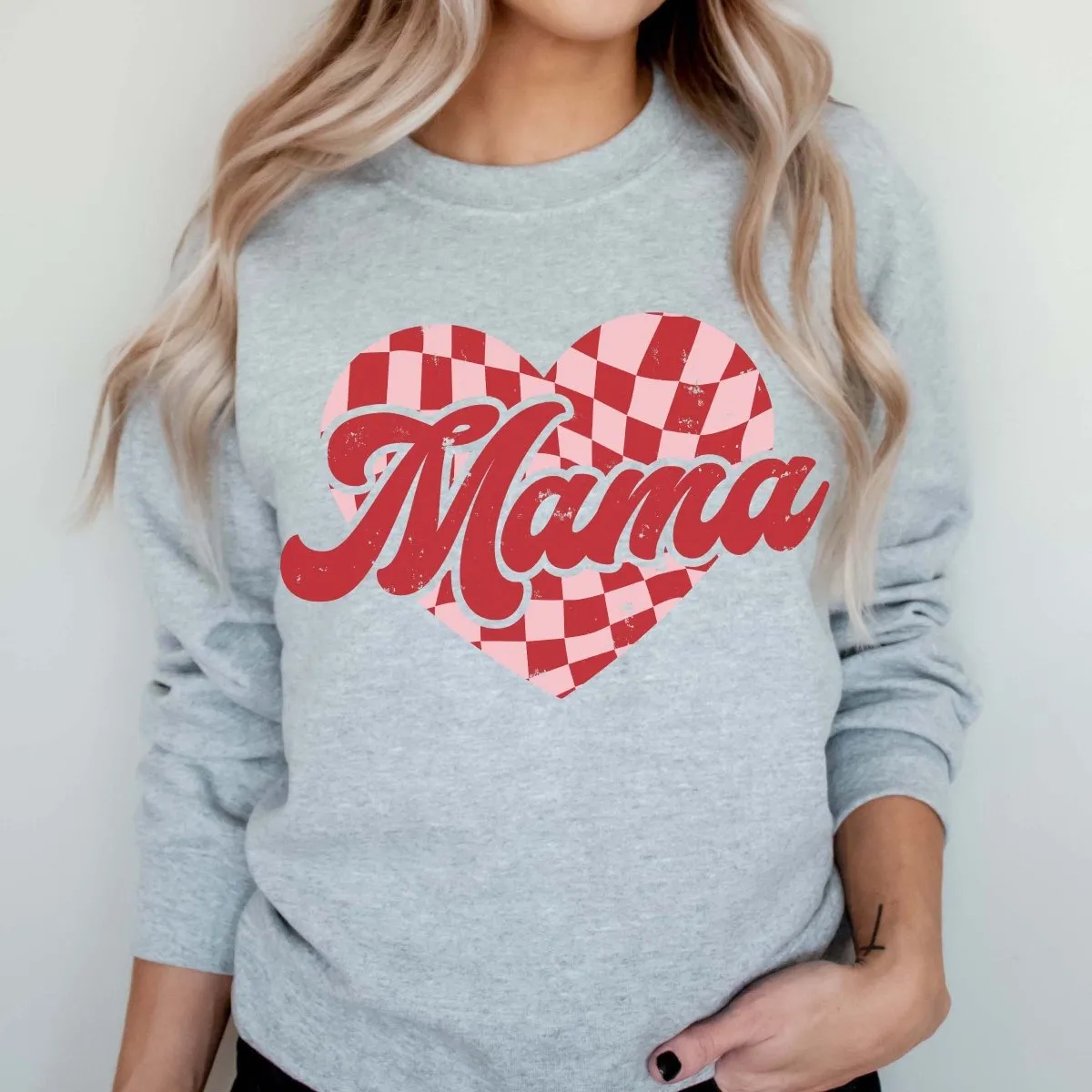 Mama Checkerboard Heart Wholesale Crew Sweatshirt