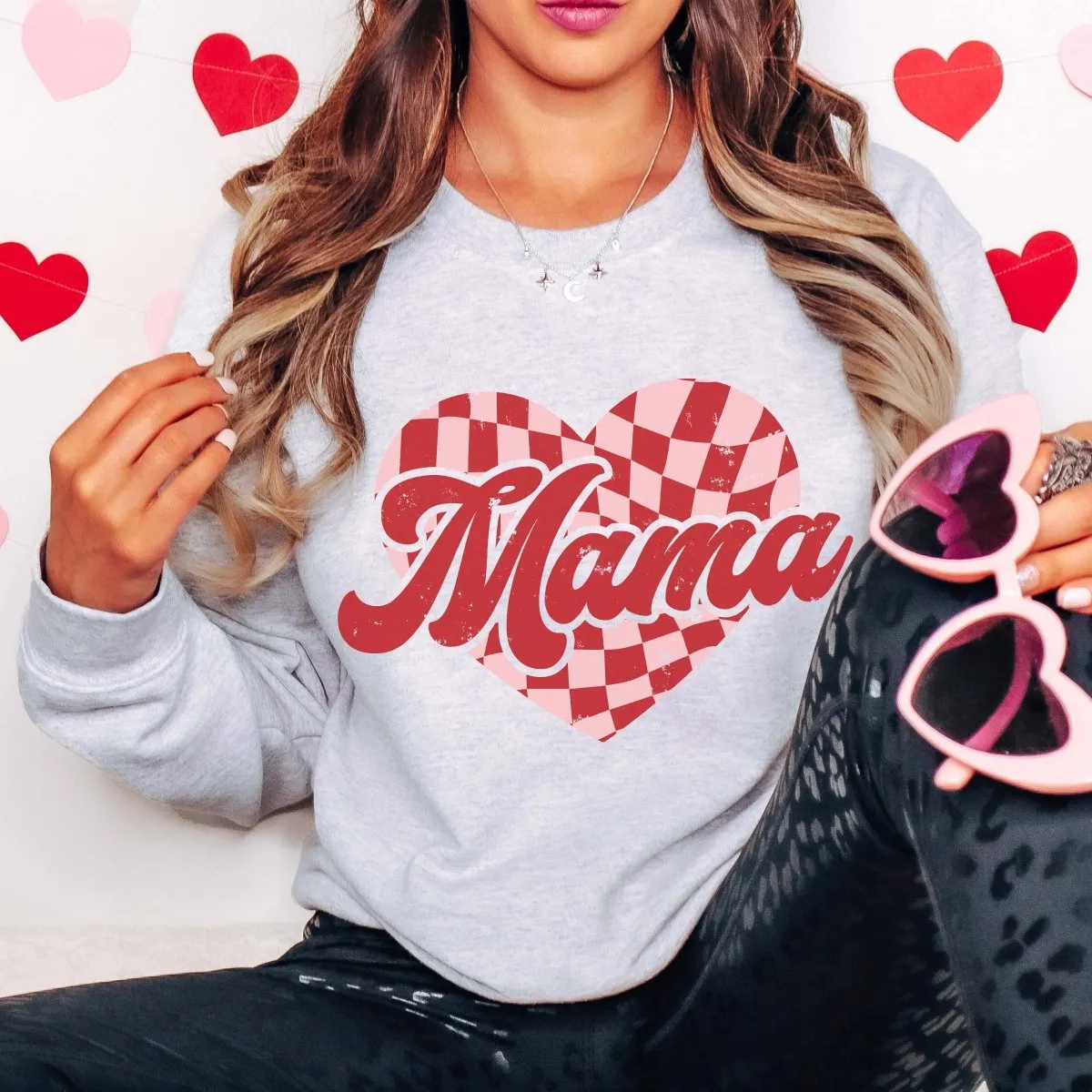 Mama Checkerboard Heart Wholesale Crew Sweatshirt