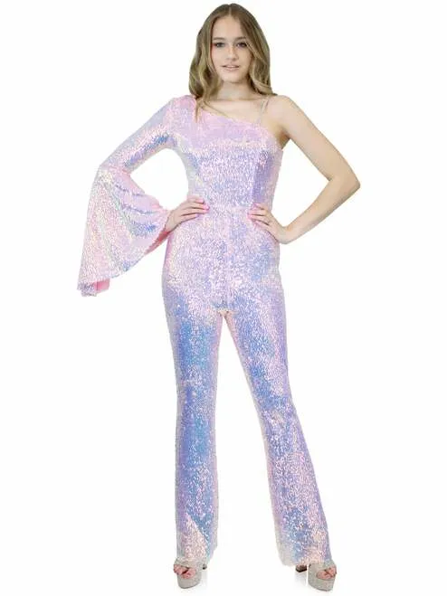 Marc Defang 8004 Sequin Bell Sleeve Pageant Jumpsuit Overskirt Fun Fashion