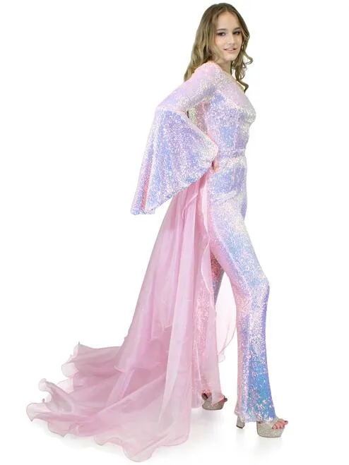 Marc Defang 8004 Sequin Bell Sleeve Pageant Jumpsuit Overskirt Fun Fashion