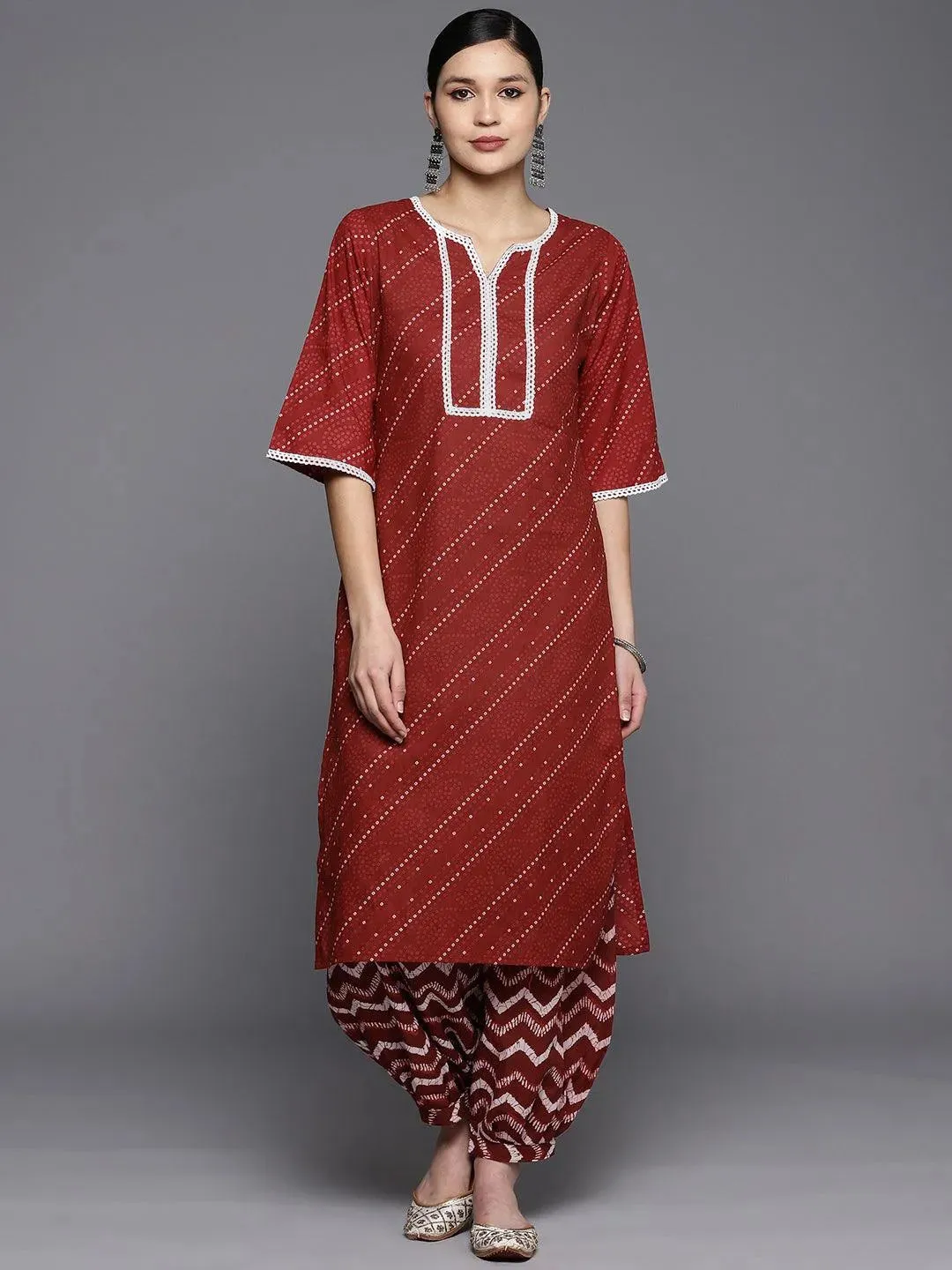 Maroon Printed Cotton Straight Kurta With Salwar