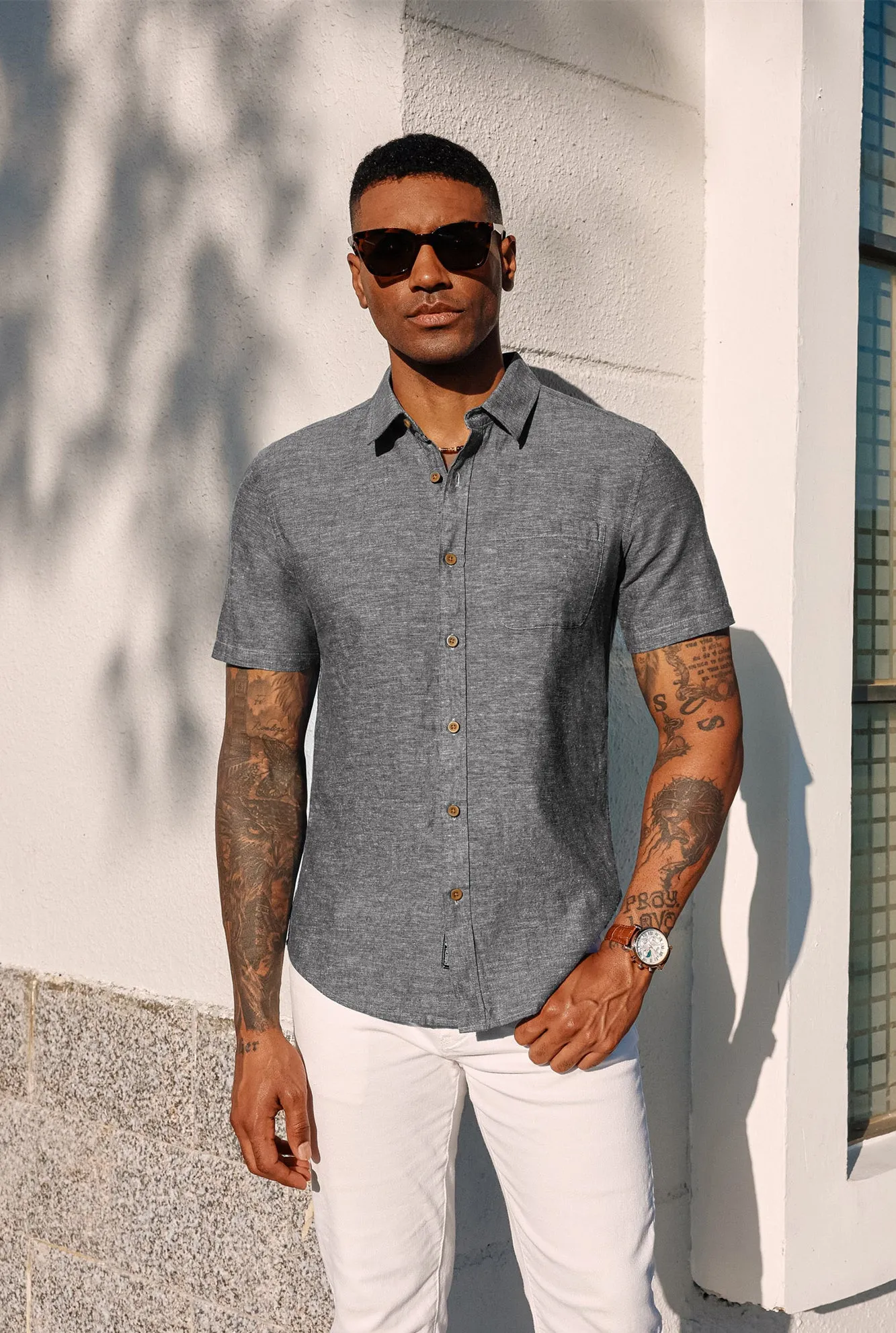 Men's Linen Shirts Short Sleeve Casual Button Down Cardigan Shirts Summer Beach Shirts