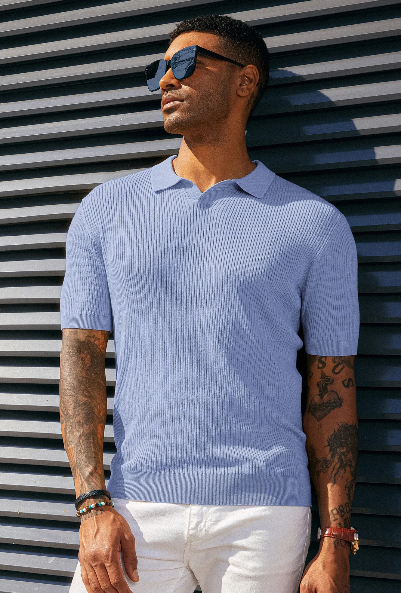 Men's Polo Shirt Ribbed Textured V Neck Knit Polo Shirts