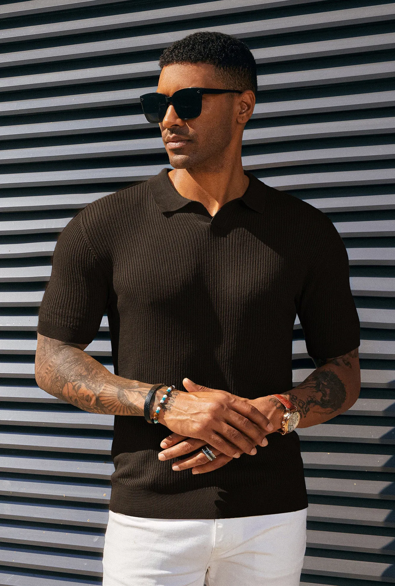 Men's Polo Shirt Ribbed Textured V Neck Knit Polo Shirts