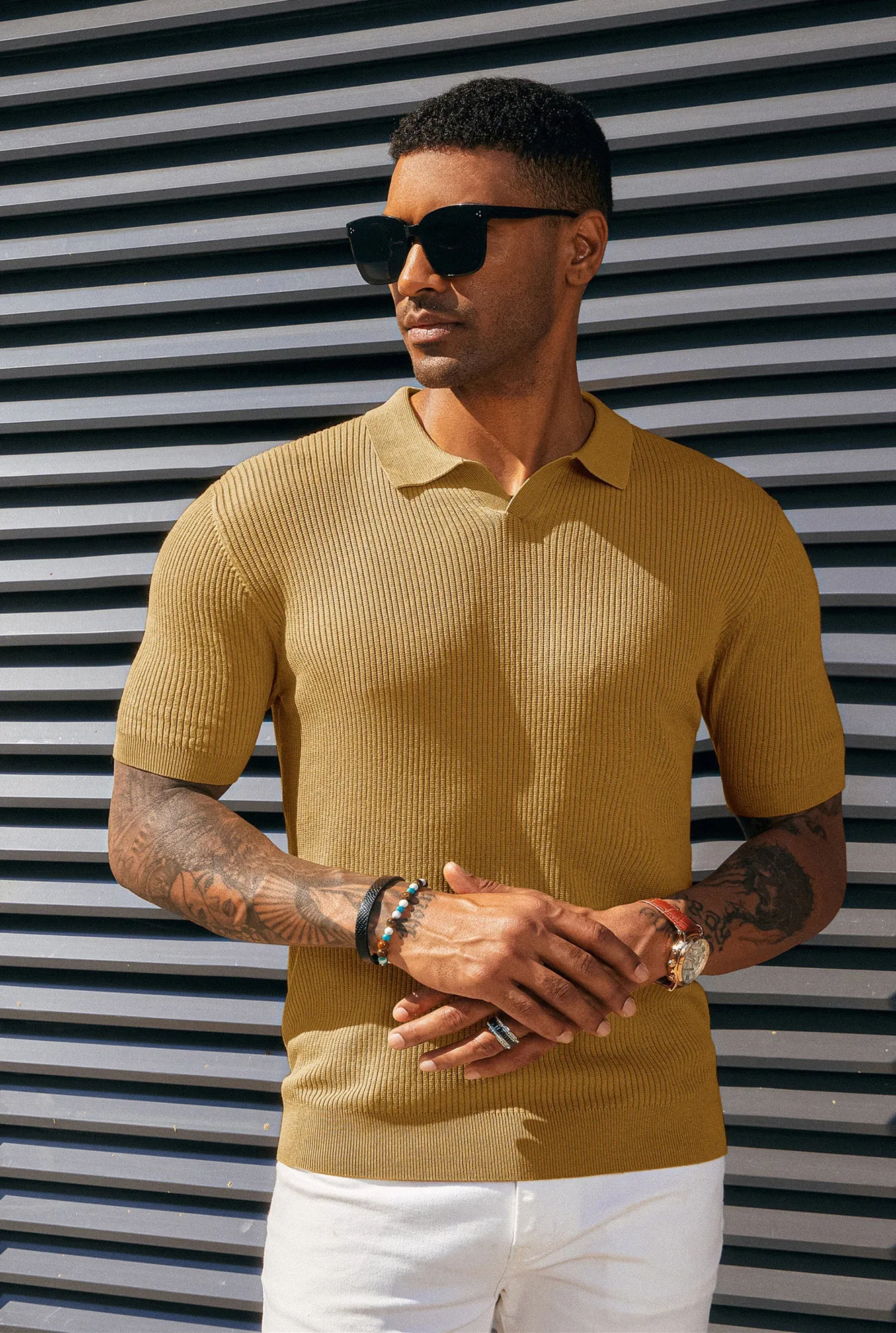 Men's Polo Shirt Ribbed Textured V Neck Knit Polo Shirts