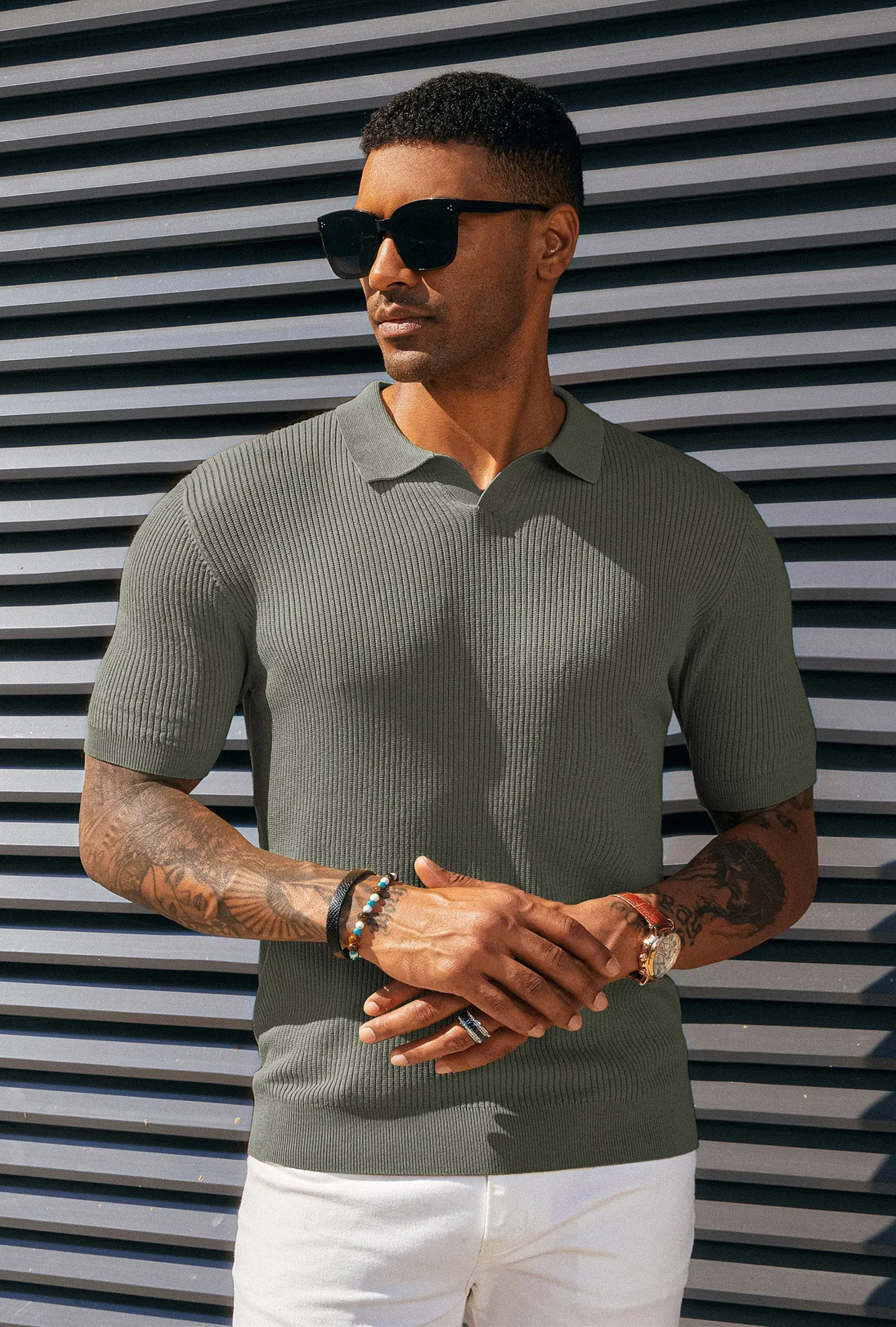 Men's Polo Shirt Ribbed Textured V Neck Knit Polo Shirts