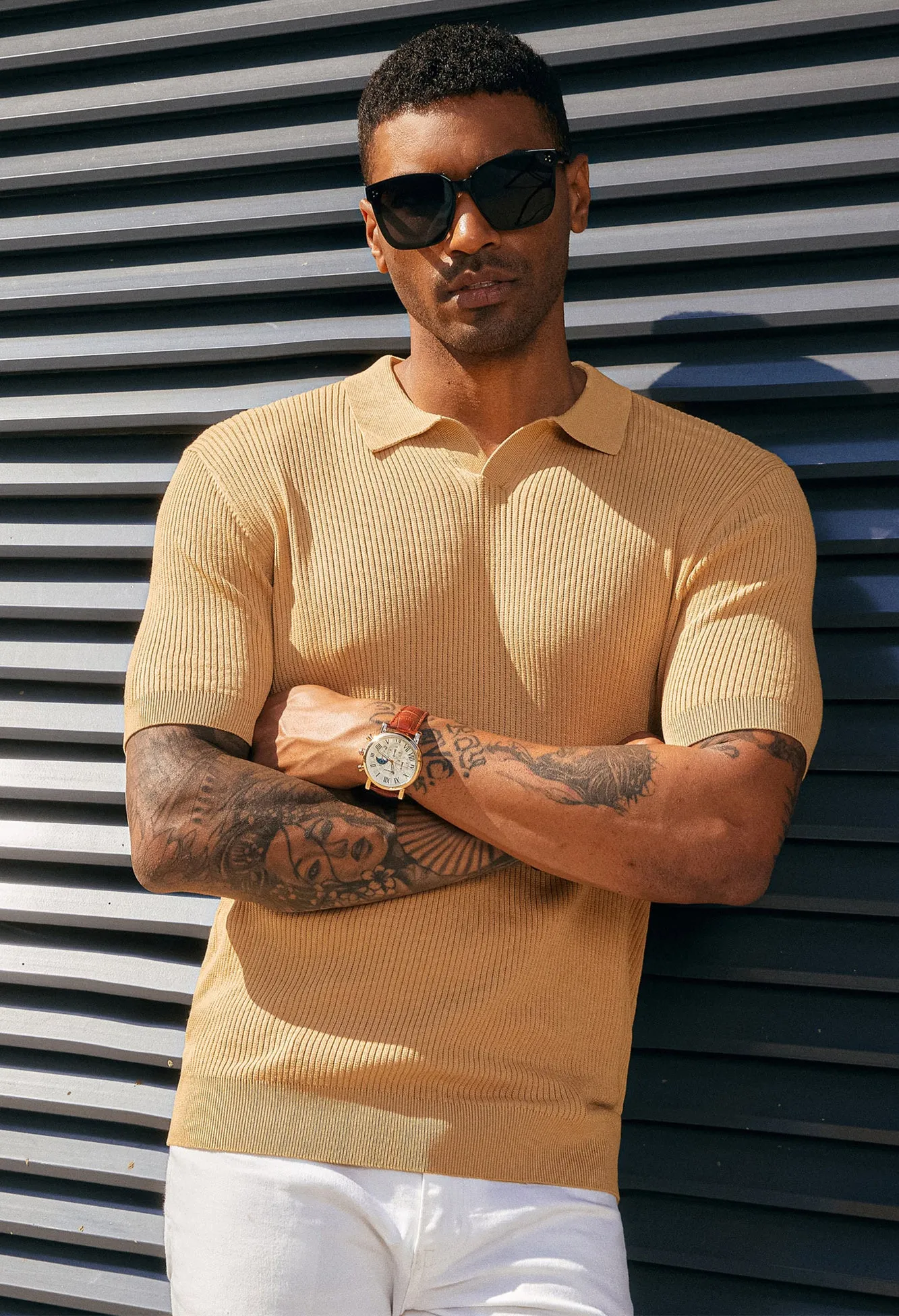 Men's Polo Shirt Ribbed Textured V Neck Knit Polo Shirts