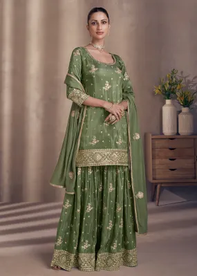 Moss Green Embroidered Chinnon Silk Designer Sharara Suit