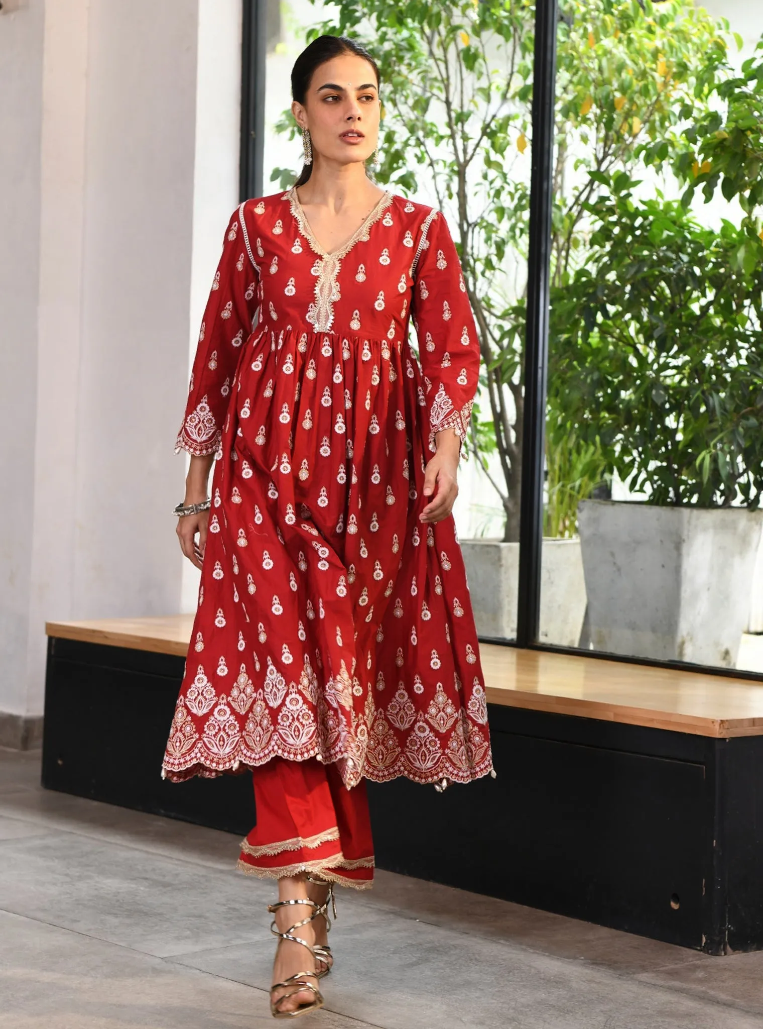 Mulmul Cotton Marina Anarkali Red Kurta With Marina Red Pant