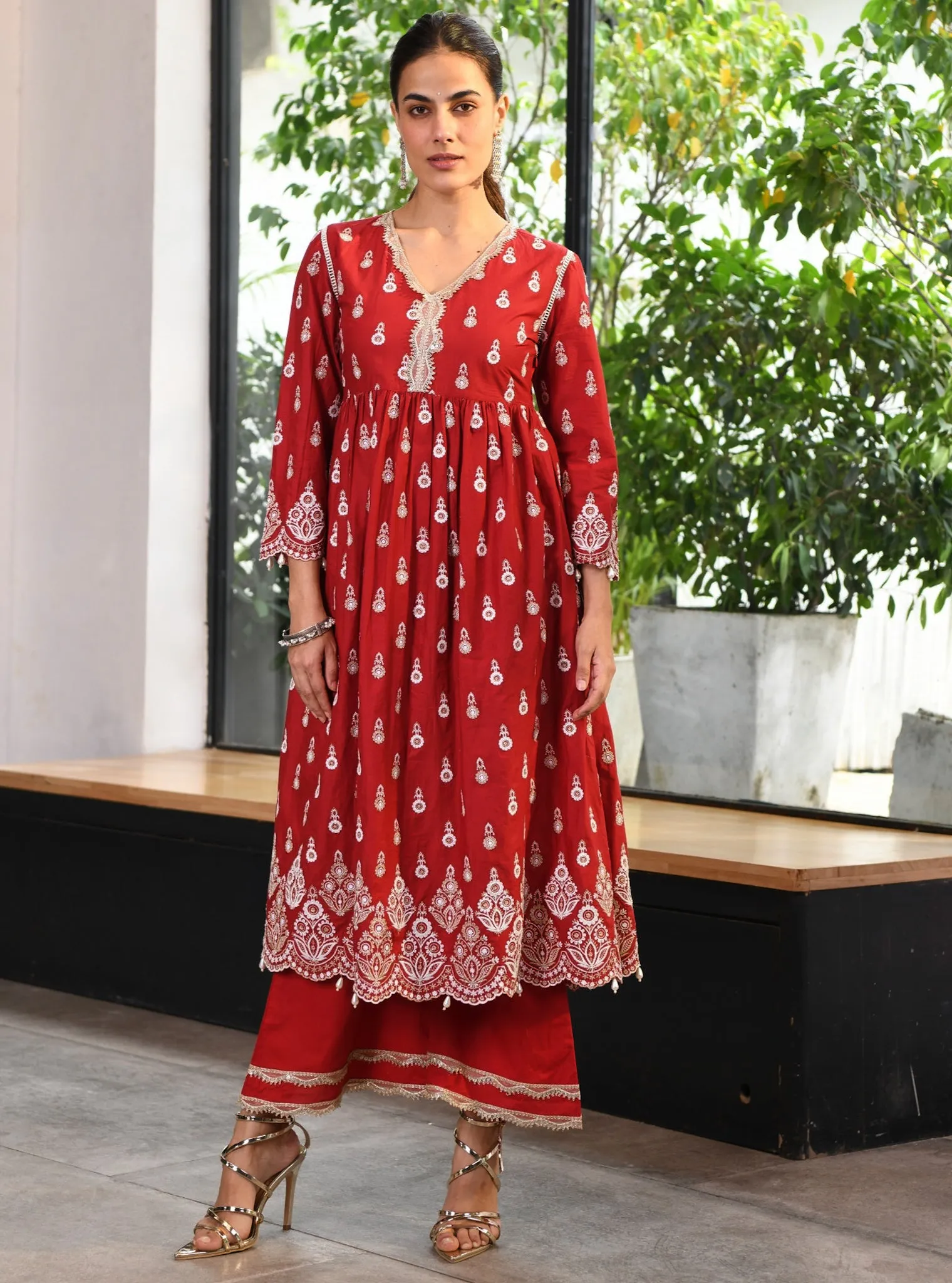 Mulmul Cotton Marina Anarkali Red Kurta With Marina Red Pant