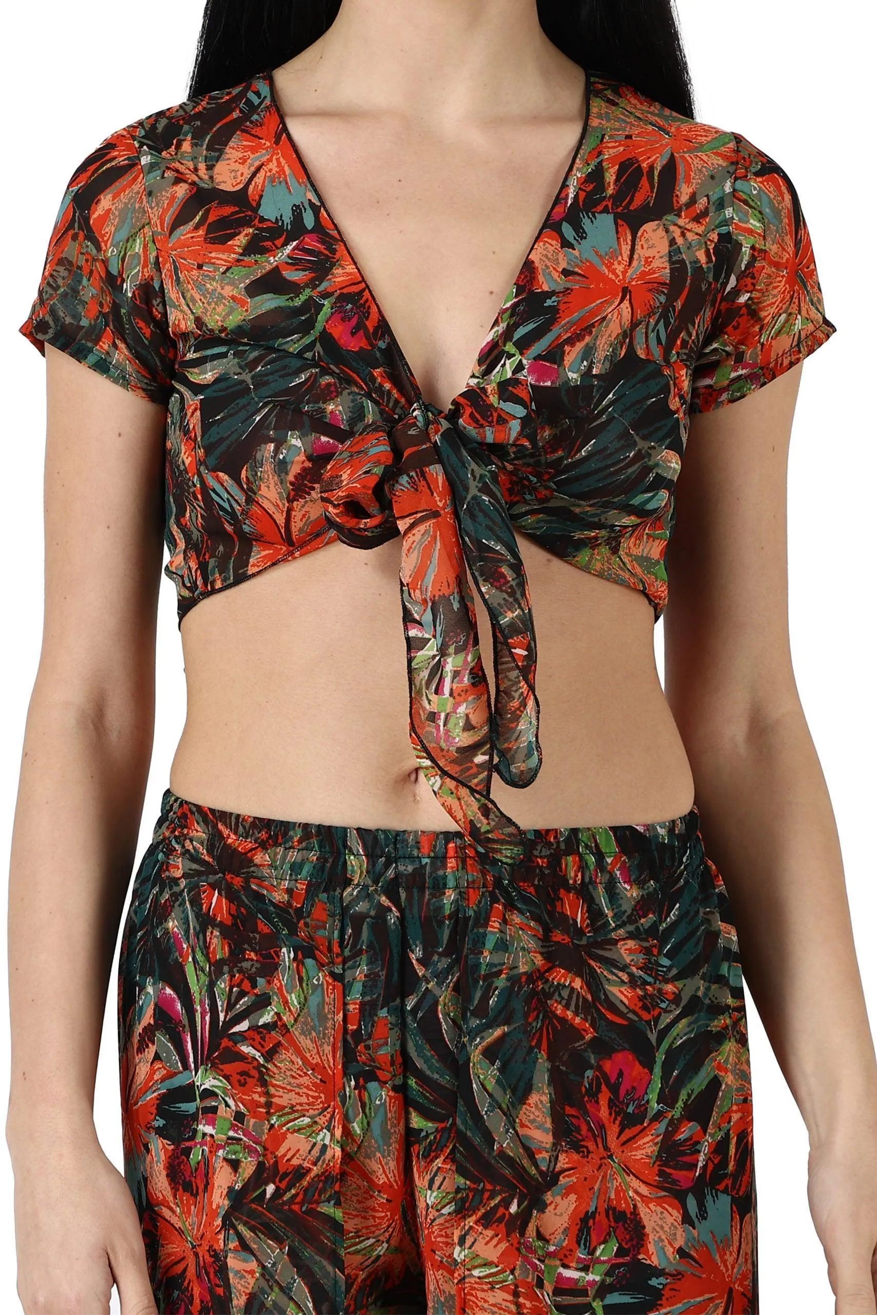 Multicolored Floral Printed Front Tie Top with Flared Pyjama