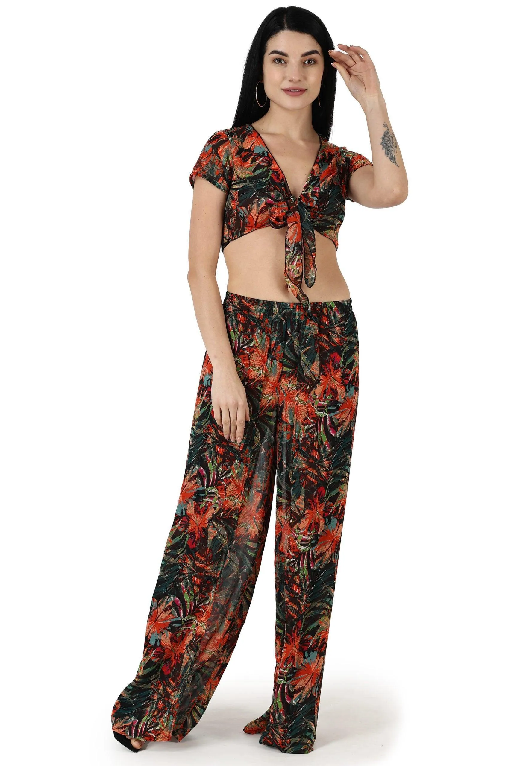 Multicolored Floral Printed Front Tie Top with Flared Pyjama