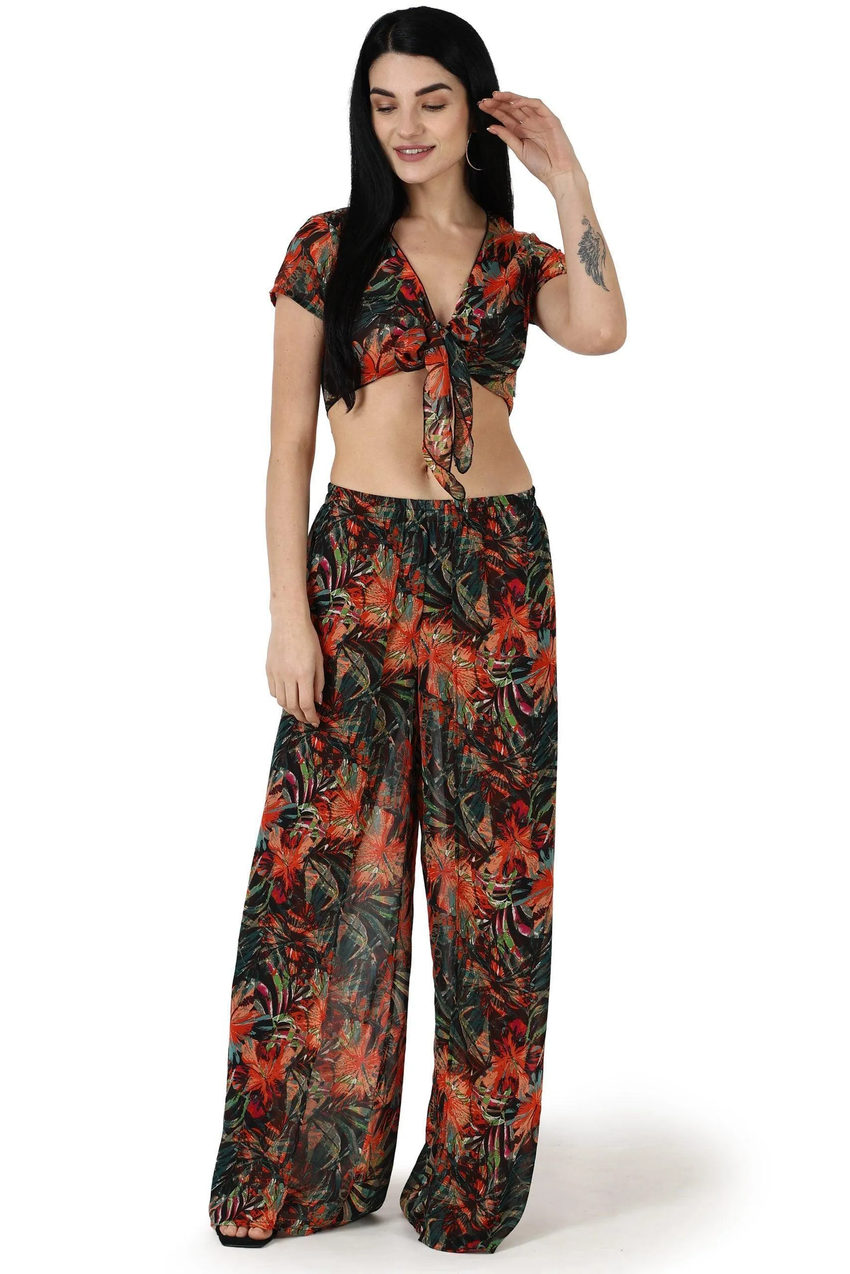 Multicolored Floral Printed Front Tie Top with Flared Pyjama