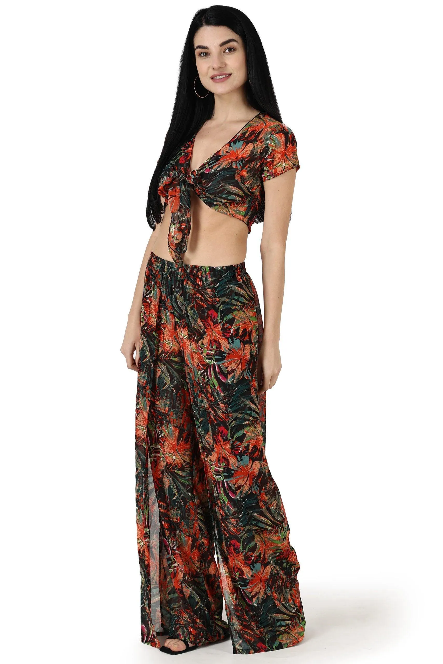 Multicolored Floral Printed Front Tie Top with Flared Pyjama