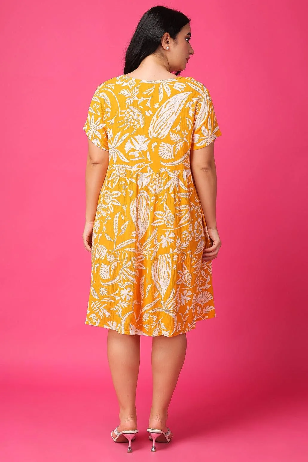 Mustard & White Floral Printed Dress