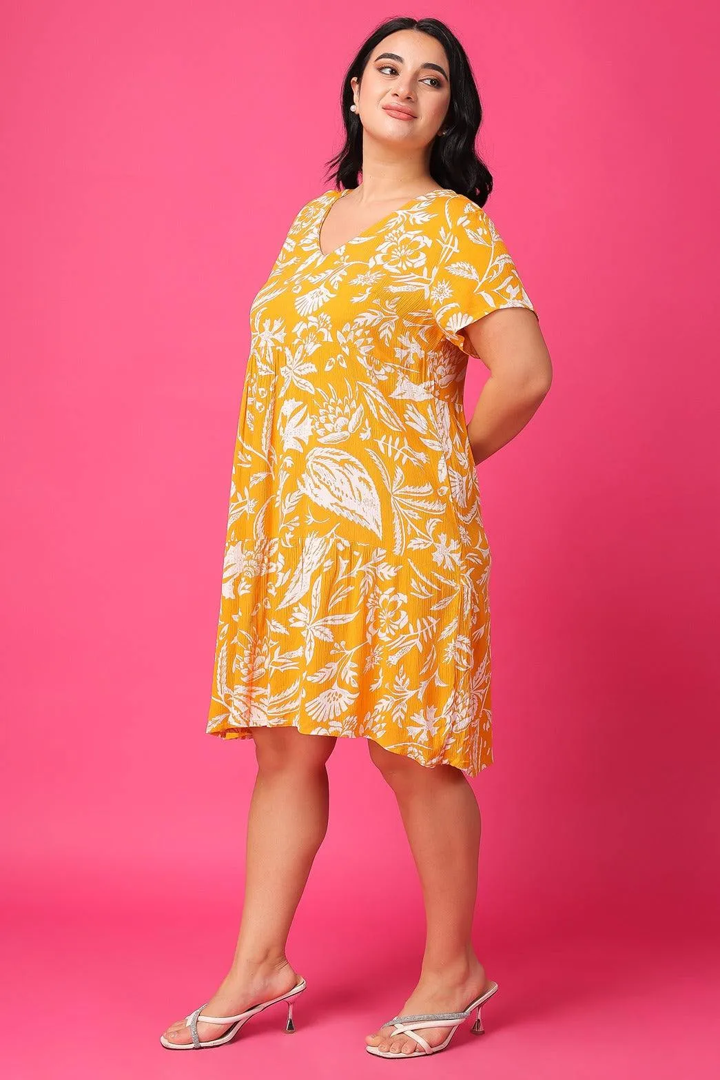 Mustard & White Floral Printed Dress