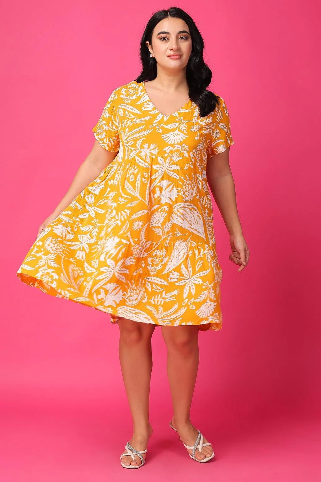 Mustard & White Floral Printed Dress