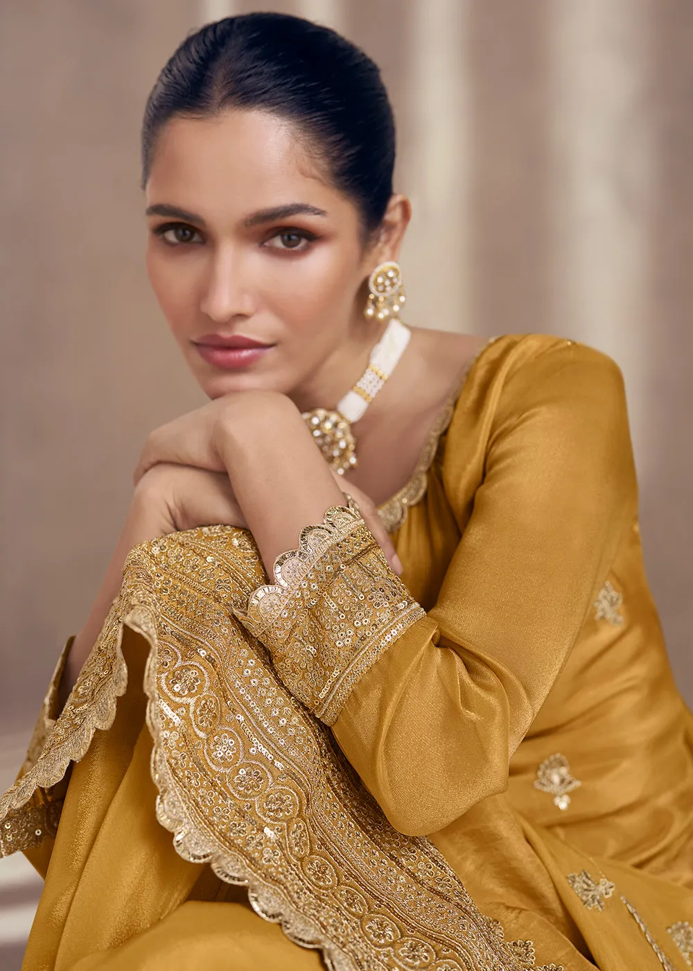 Mustard Embroidered Chinnon Silk Designer Sharara Suit