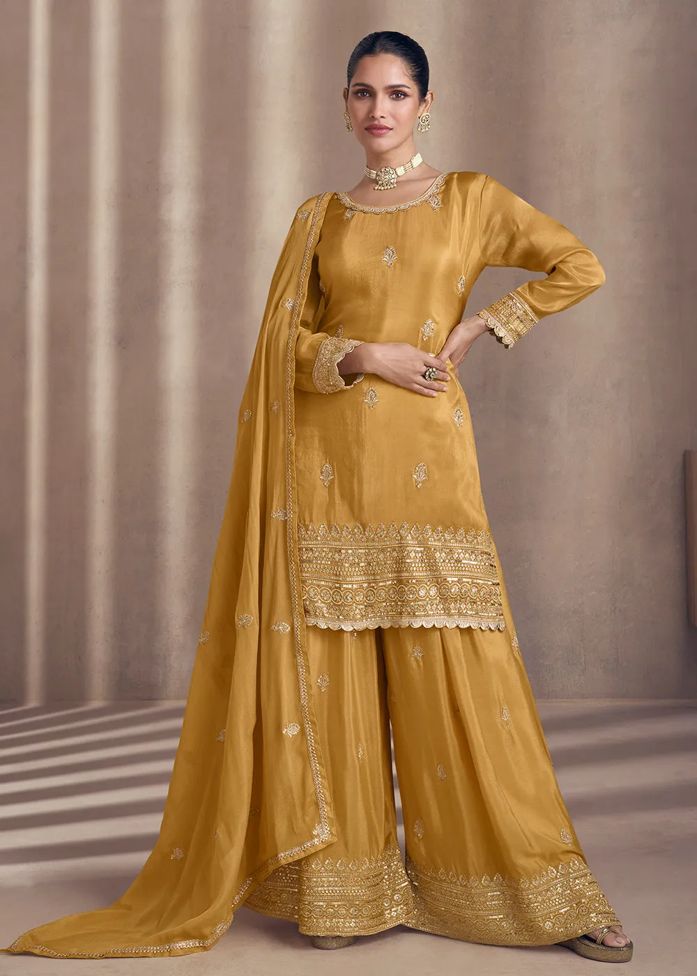 Mustard Embroidered Chinnon Silk Designer Sharara Suit