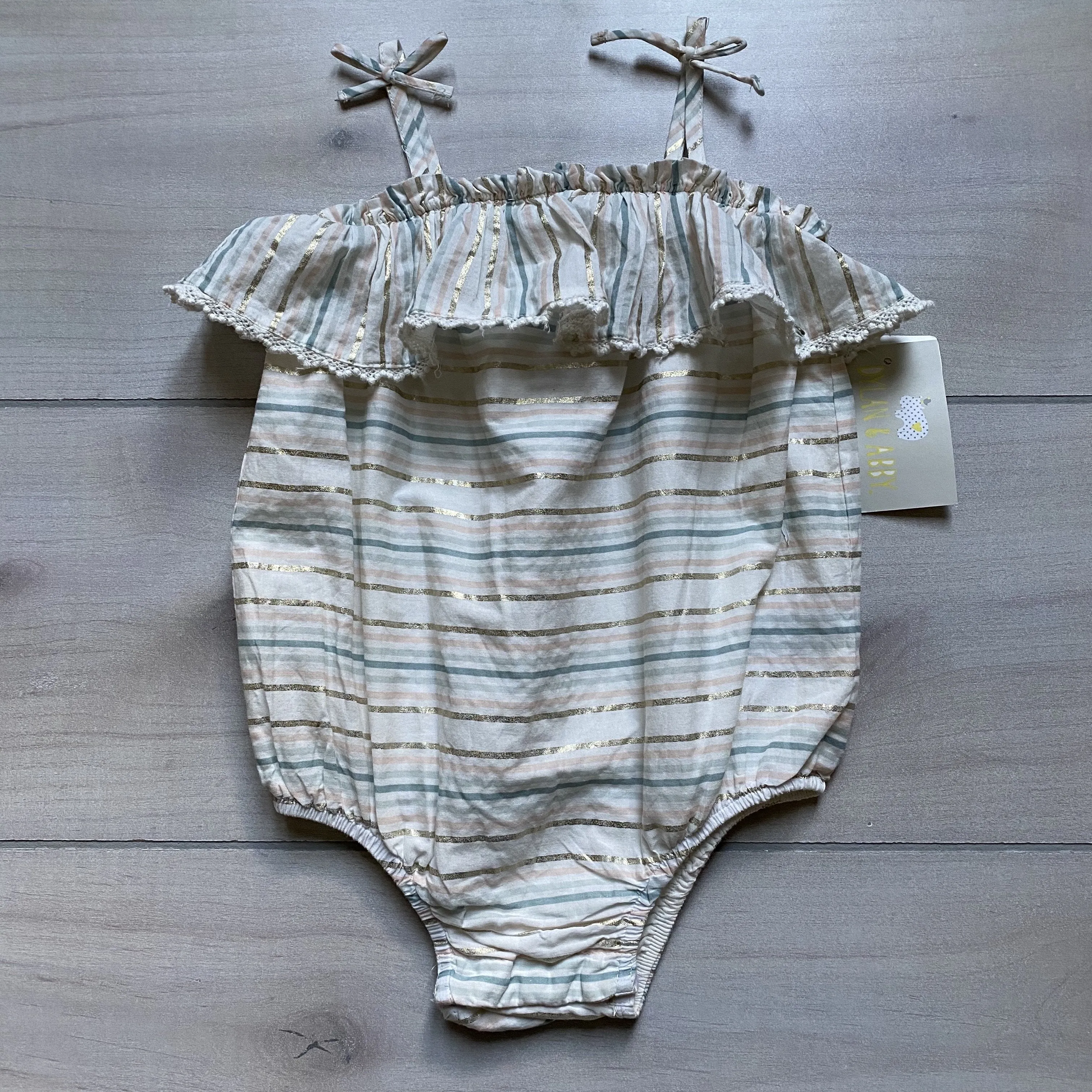 NEW Dylan & Abby Gold Striped Neutral Tones Bubble Romper