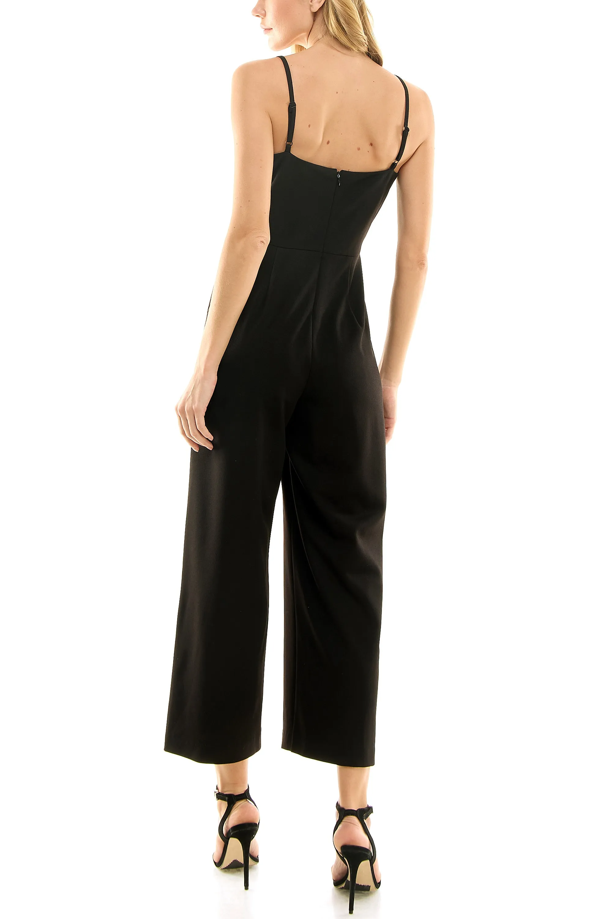 Nicole Miller Spaghetti Strap Zipper Back Solid Crepe Jumpsuit