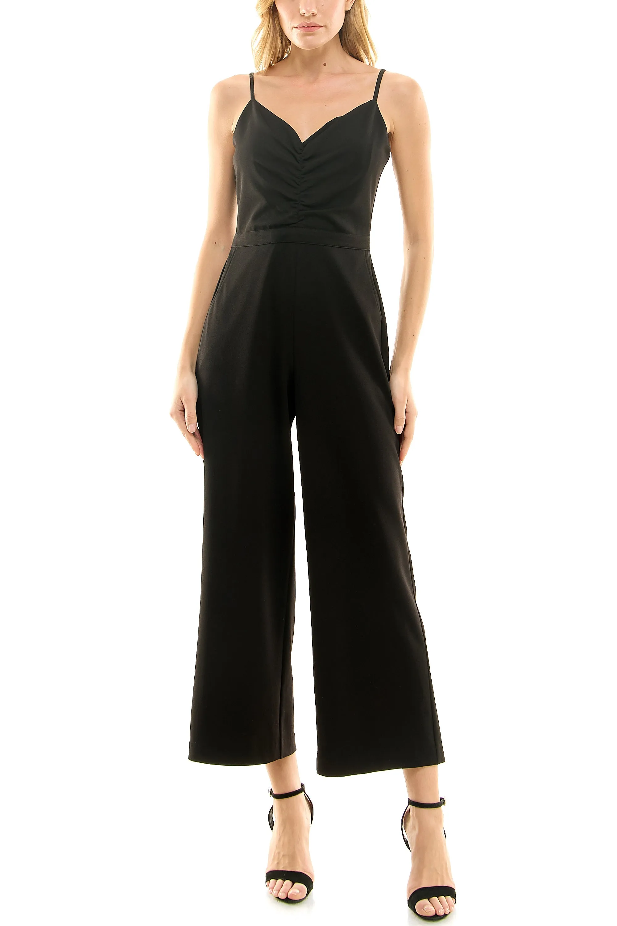 Nicole Miller Spaghetti Strap Zipper Back Solid Crepe Jumpsuit