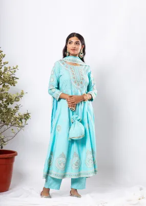 Nilambar Women's Turquoise Color Rayon Anarkali Kurta Pant Dupatta With Fancy Potli