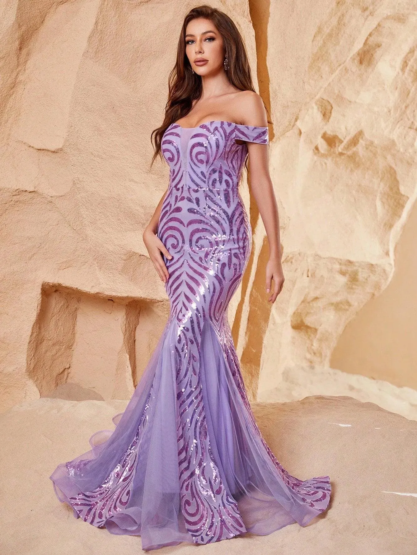 Off Shoulder Mesh Insert Sequin Mermaid Formal Dress