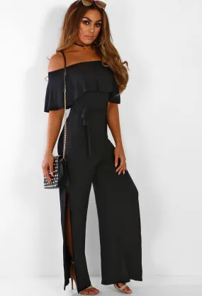 Oh So Chic Black Bardot Split Leg Jersey Jumpsuit