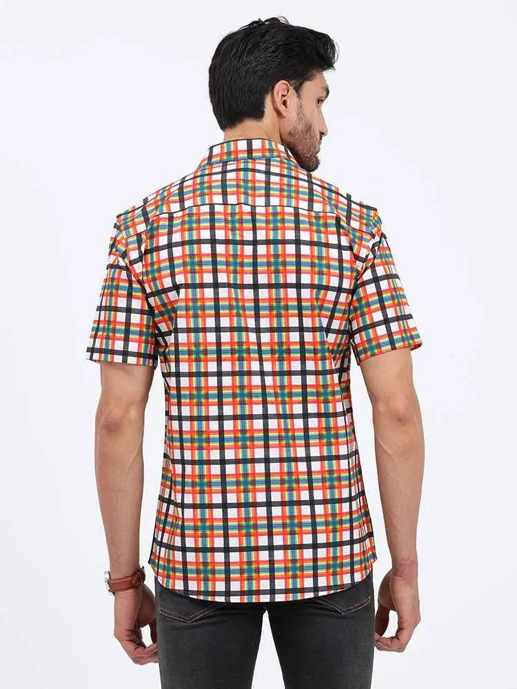 Orange Grey Printed Checks Half Sleeve Shirt