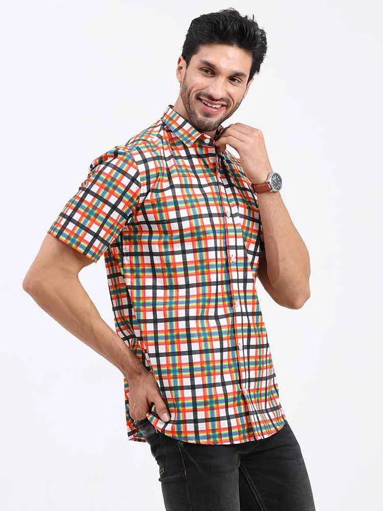 Orange Grey Printed Checks Half Sleeve Shirt