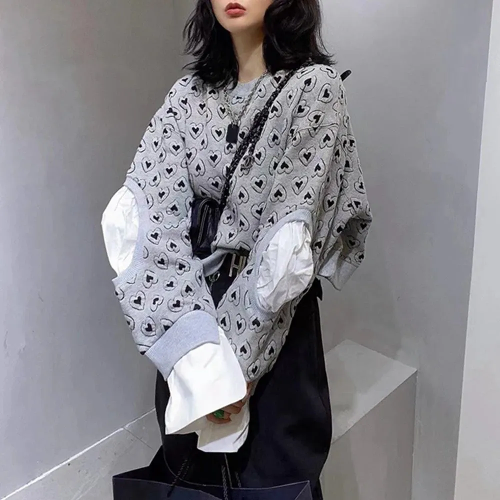 Patchwork Heart Print Sweatshirts For Women Round Neck Long Sleeve Hit Color Design Sweatshirt Female Fashion New