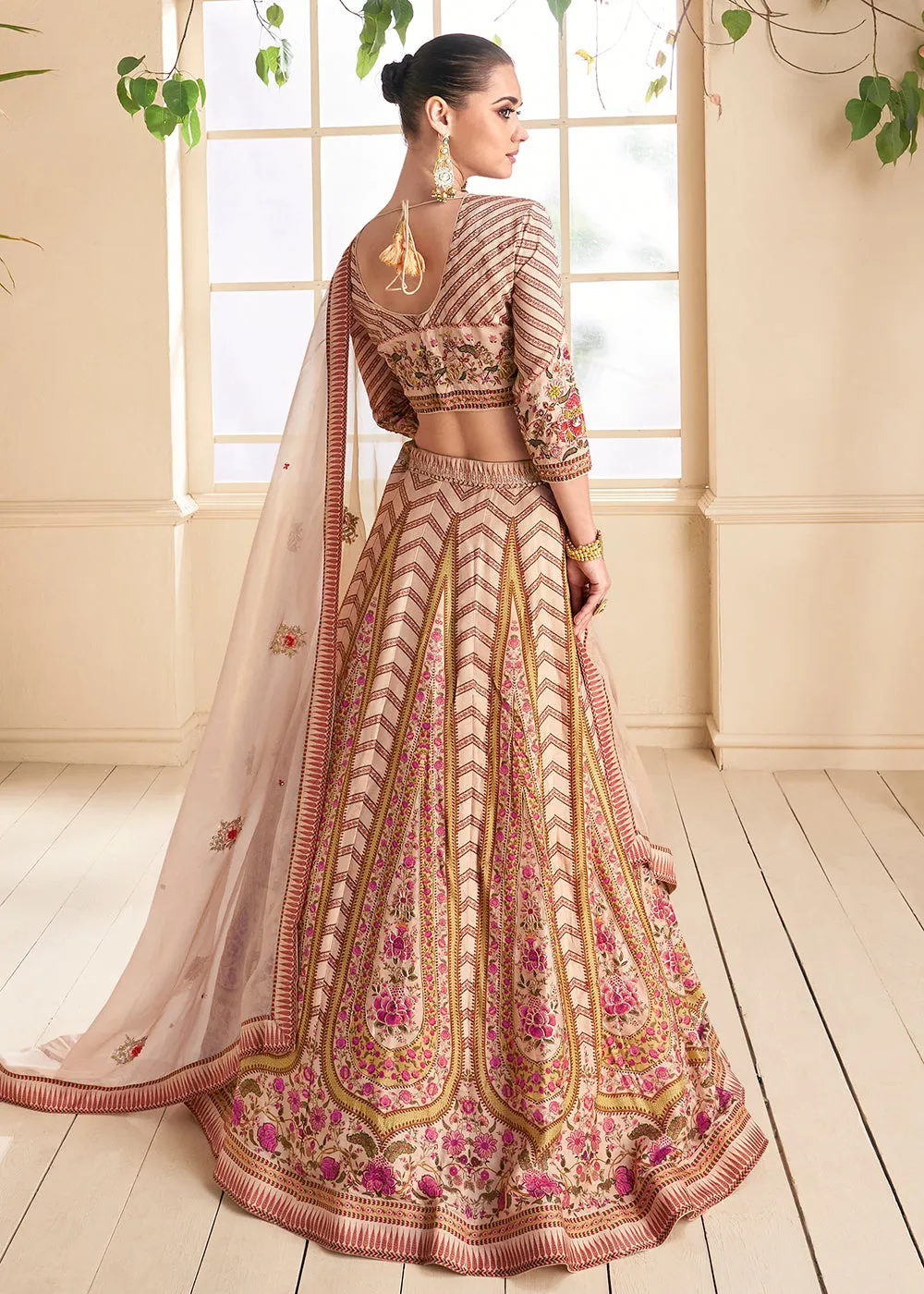 Peachy Beige Silk Embroidered Wedding Lehenga Set