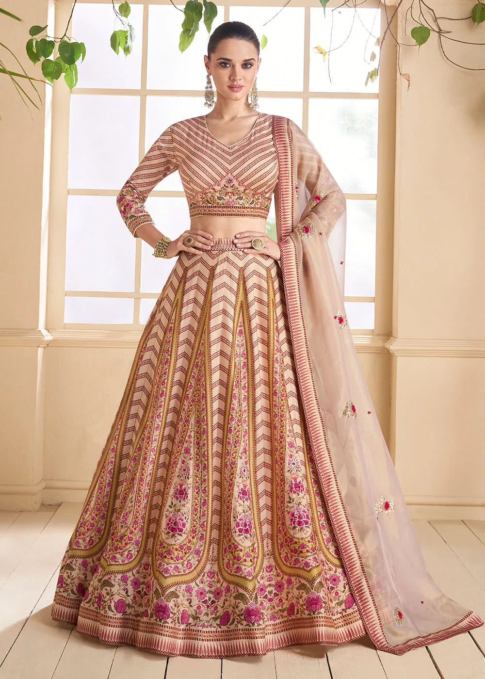 Peachy Beige Silk Embroidered Wedding Lehenga Set