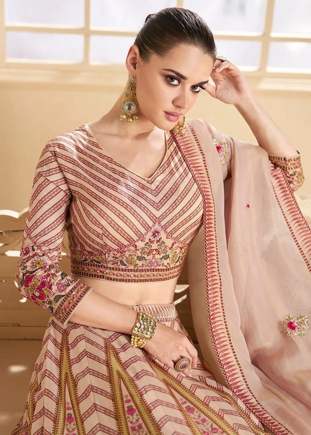 Peachy Beige Silk Embroidered Wedding Lehenga Set