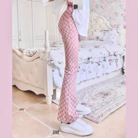 Pink Chess Pattern Flared Pants