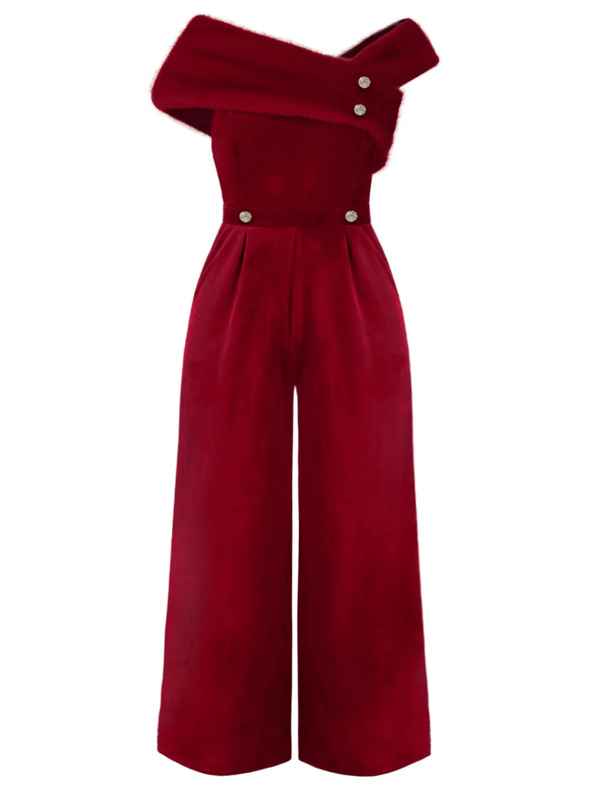 [Plus Size] Red 1950s Velvet Off Shoulder Button Jumpsuit