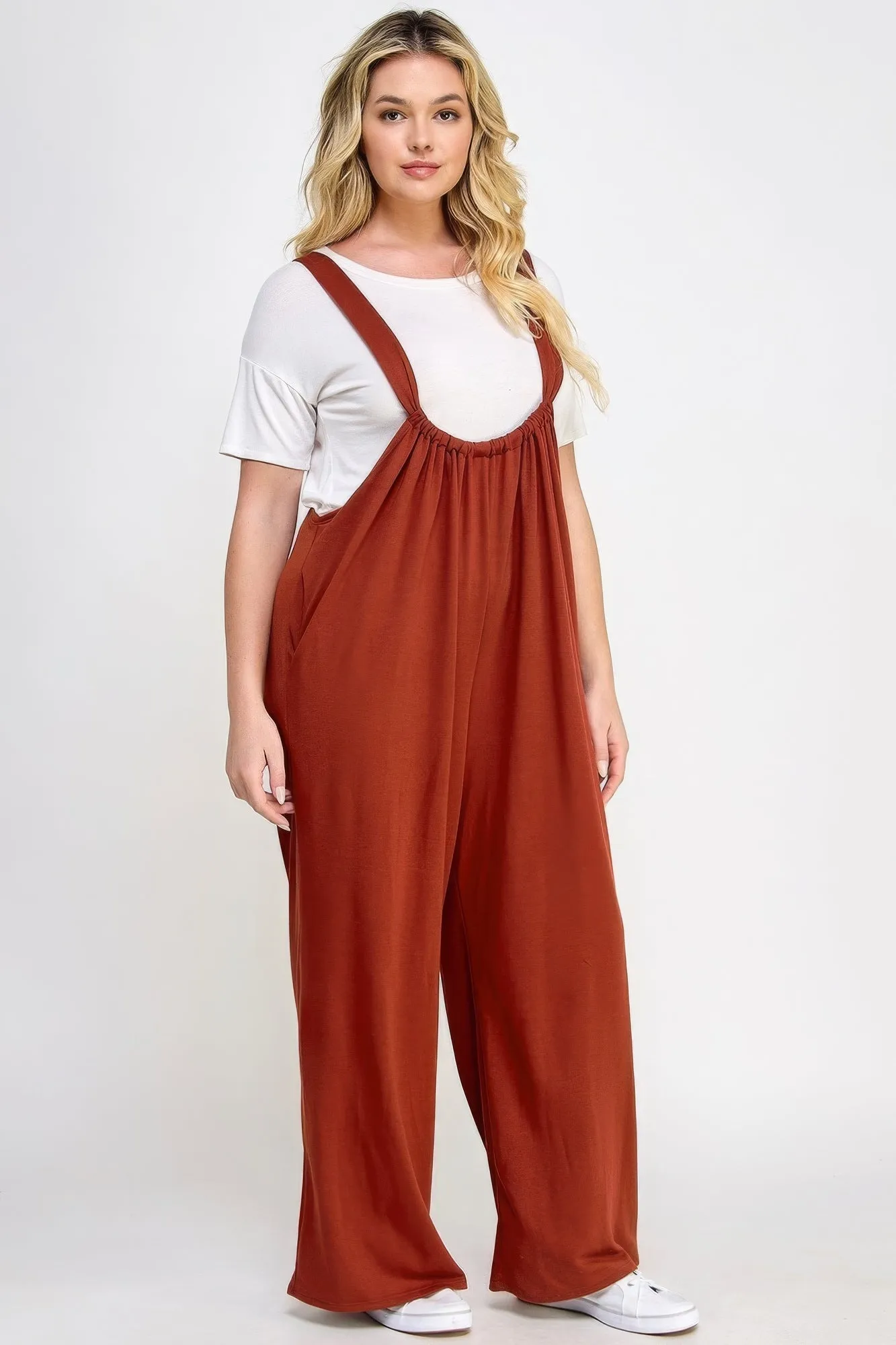 Plus Size Wide Leg Jumpsuit Overalls in French Terry Fabric