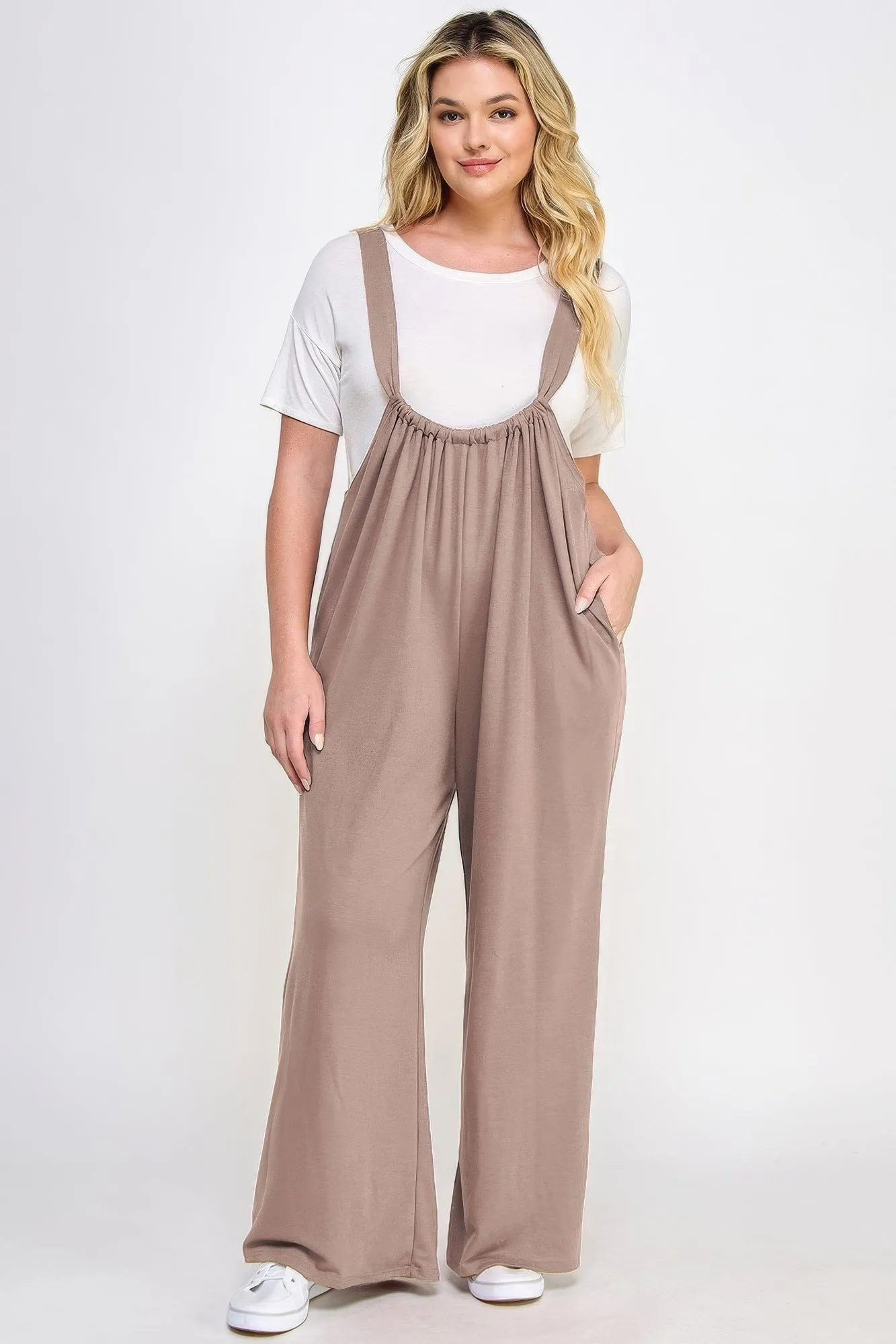 Plus Size Wide Leg Jumpsuit Overalls in French Terry Fabric