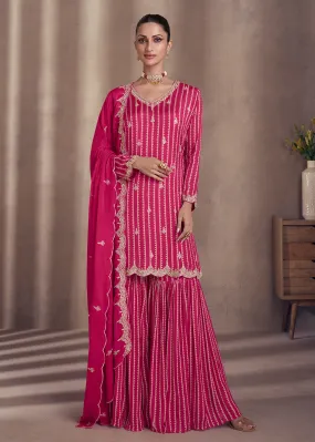 Rani Pink Embroidered Chinnon Silk Designer Sharara Suit