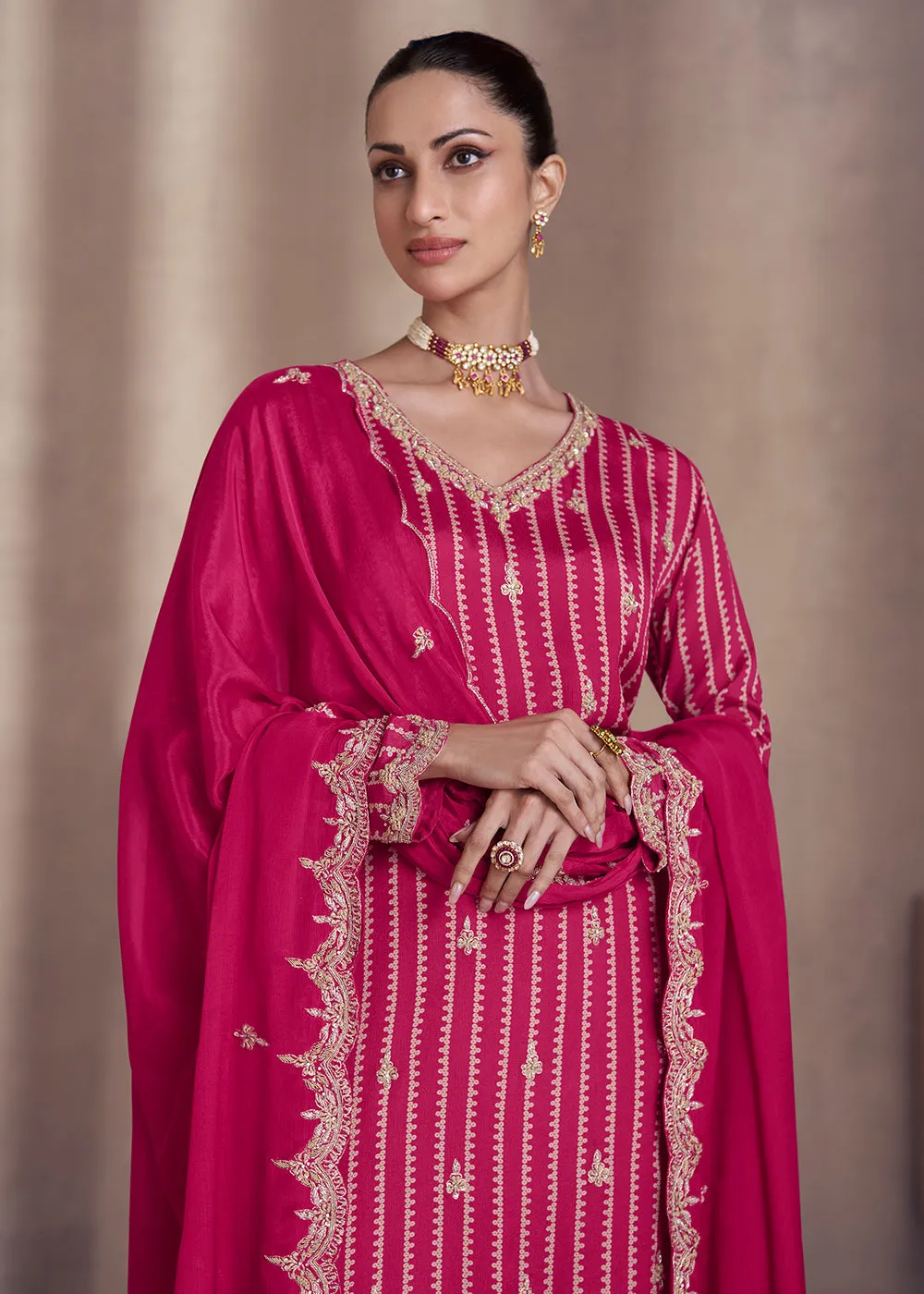 Rani Pink Embroidered Chinnon Silk Designer Sharara Suit