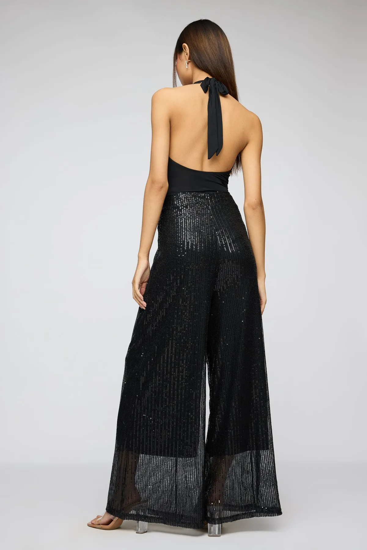 Shimmering Noir Sequin Flare Fit Korean Pants