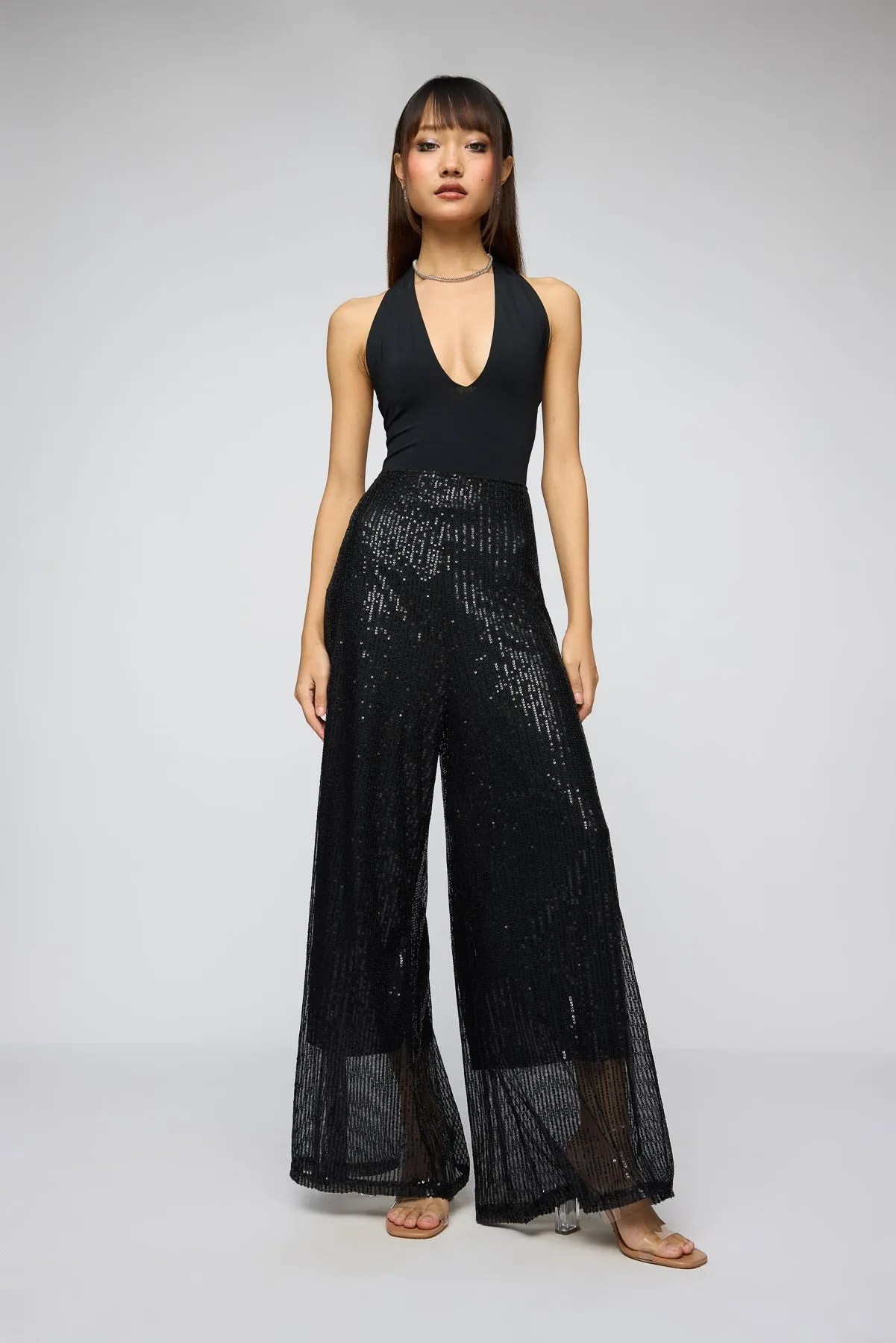 Shimmering Noir Sequin Flare Fit Korean Pants