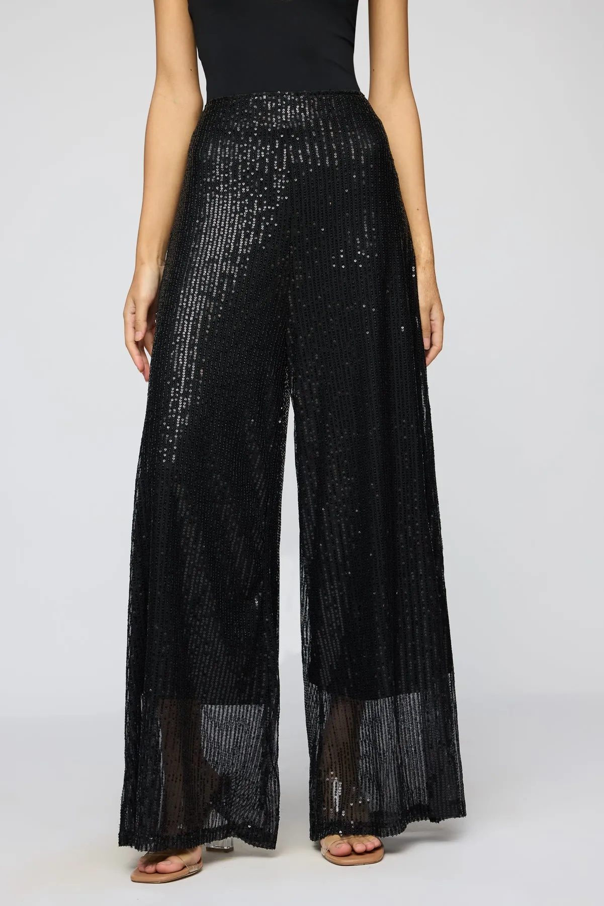 Shimmering Noir Sequin Flare Fit Korean Pants