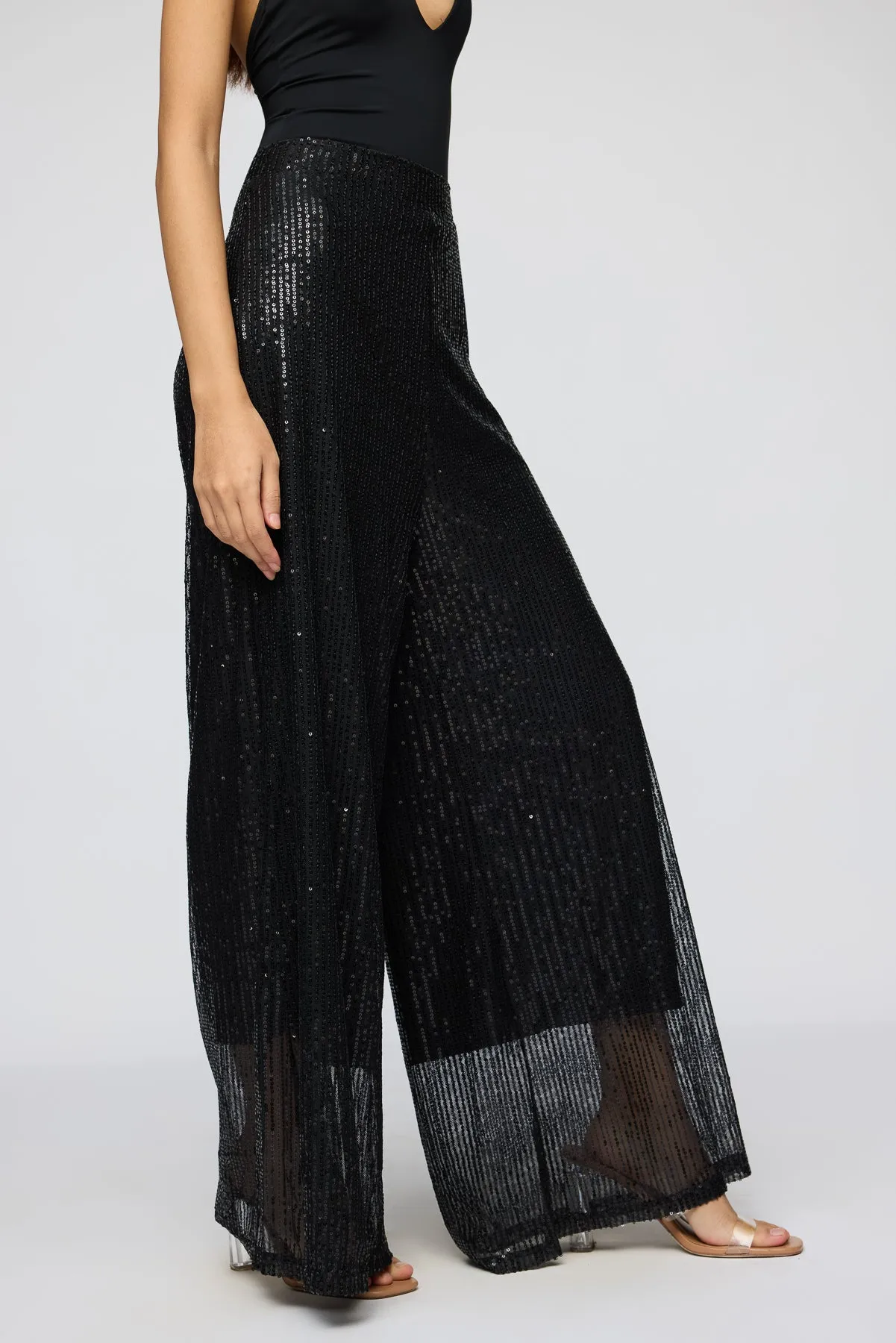 Shimmering Noir Sequin Flare Fit Korean Pants