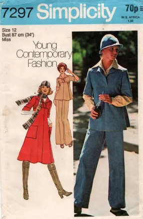 Simplicity 7297 Womens Dress Top Pants Scarf & Bucket Hat 1970s Vintage Sewing Pattern Size 12 Bust 34 inches UNCUT Factory Folded