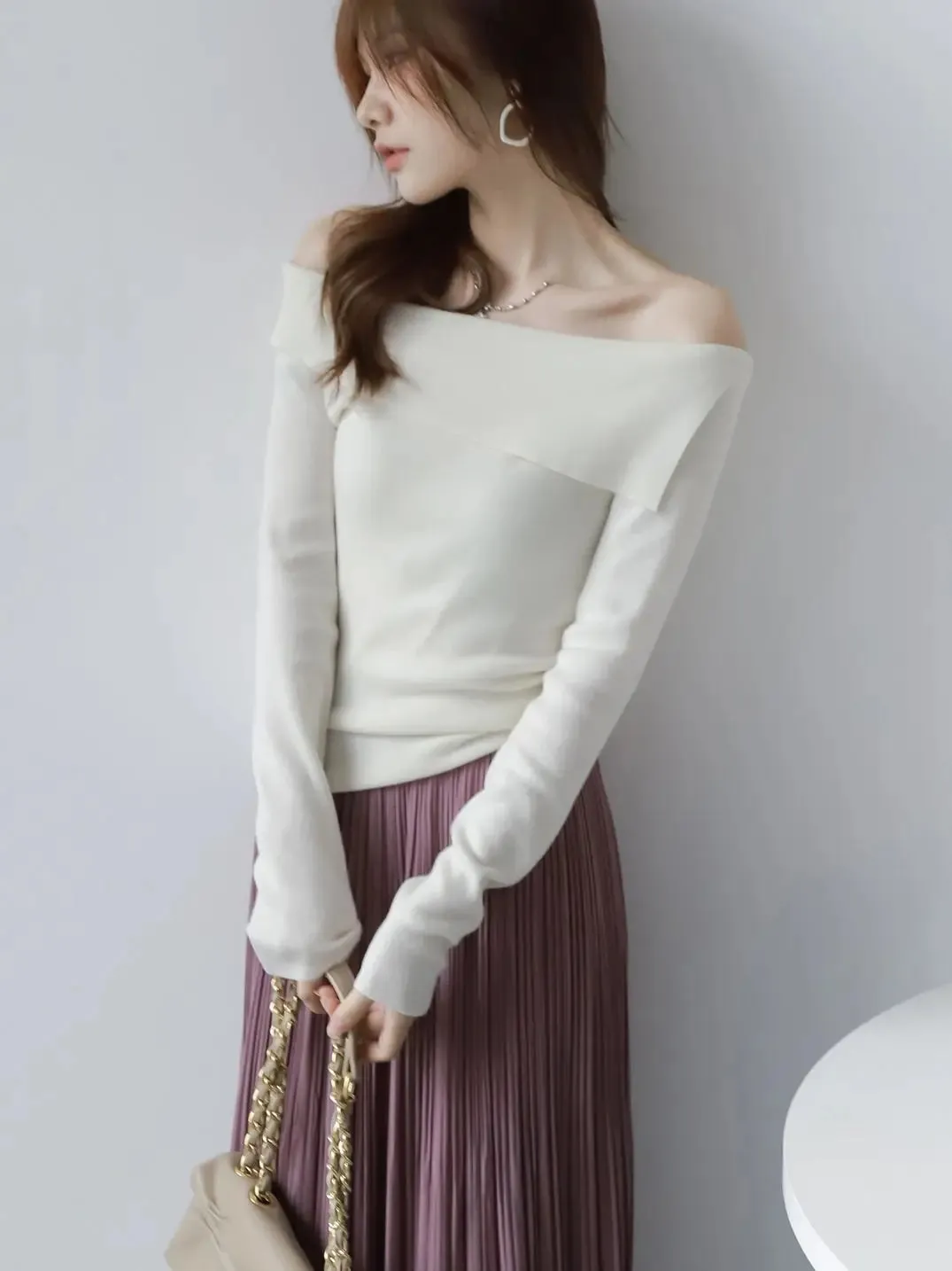 Slash Neck Solid Color Long Sleeve Pull Femme Knitted Pullover Jumpers Spring Autumn Ruffles Women Clothing Sweater Y2k  C-079